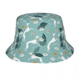 Berets Summer Greyhound And Butterfly Bucket Hat For Unisex Dog Lover Streetwear Foldable Bob Fishing Sun Cap