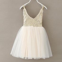 Girl's Dresses Cute Girls Silver Sequin Tutu Dress Kids V-neck Beige Glitter Bling Straps Chiffon Dress Children Wedding Party Dresses 1-7Y 230925