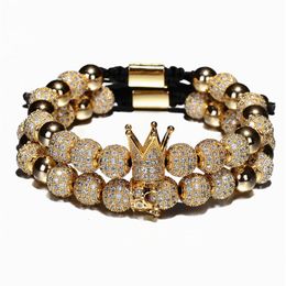 2pcs set Luxury Crown Charm Men Bracelets 8mm Micro Pave CZ Round Braided Macrame Bracelet Pulseira Feminina Handmade Jewellery Wome281b