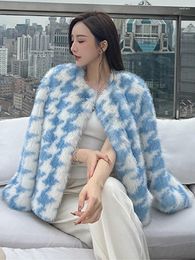 Women's Fur Blue White Houndstooth Fluffy Faux Jacket Women 2023 Autumn Winter Coat O-neck Long Sleeve Furry Outerwears