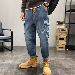 Streetwear Men New Pattern Blue Mop Pants Fashion Hip Hop Multiple Pockets Broad Leg Overalls Temperament Versatile Jeans Autumn