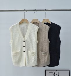 Women's Knits Tees Naizaiga 100 wool vest female Vneck retro twist sequined pocket sleeveless knit overlapping Women cardigans 230925