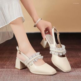 Sandals French Baotou Women 2023 Summer Style Pearl Ruffles Temperament Square Toe Shoes Heels Sandalias De Tacon