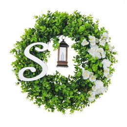 Decorative Flowers Lighted Front Door Wreath Home Decoration 17.7" Realistic Faux Green For Festival Fireplaces Farmhouse Porch Party