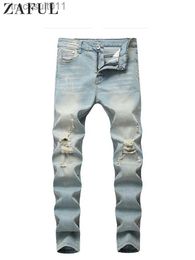 Men's Jeans ZAFUL Men's Jeans Solid Faded Ripped Frayed Denim Jeans Mid-waist Slim Fitted Pants Ankle-length Zipper Trousers with Pocket L230926