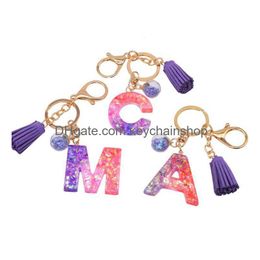Keychains Lanyards Fashion Resin Flash Pink 26 Letter Clash Colour Mosaic Tassel Pendant Purple Glue English Word Keychain Drop Deliver Dhe9C