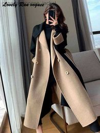 Women's Wool Blends Vintage Long Coat Women Long Sleeve Turn-down Collar Panelled Female Midi Jacket 2023 Autumn Winter Lace UP Loose Lady OutcoatL230926