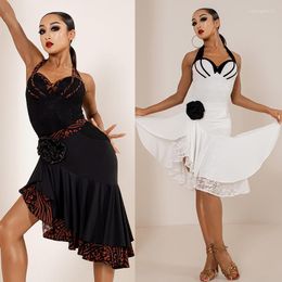 Stage Wear Latin Dance Clothes Women Halter Neck White Black Lace Tops Irregular Skirt Rumba Tango Dress Performance Practise