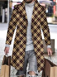 Men's Down Parkas Plaid Stripes Printed Men's Windbreaker Trench Coat Slanting Pocket Single-breasted long Coats Leisure Holiday Outdoor Jacket L230926