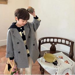 Coat Boys Woolen Blends Coats for Autumn Winter 2023 Fashion Solid Cotton Warm Turn Collar Long Outerwear Children's Clothes S42 230926