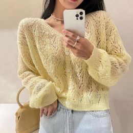 Women's Knits 2023 Autumn V Neck Cardigan Mohair Hollow Out Knitted Sweater Women Casual Soft Coat Cropped Long Sleeve Top Elegant 29002