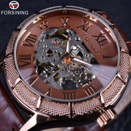 Forsining Skeleton Steampunk Wristwatch Brown Genuine Leather Strap Men Mechanical Self Wind Watch Top Brand Luxury Automatic229U
