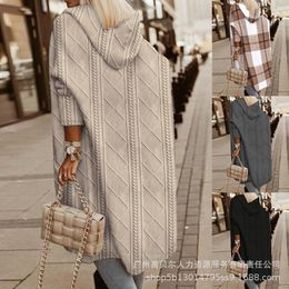 Womens Wool Blends Autumn and Winter Trench Coat Women Solid Colour Plaid Printed Cardigan Large Long Sleeve Hooded Loose 230925
