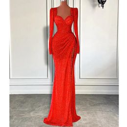 April Aso Ebi Mermaid Red Prom Dress Beaded Crystals Sexy Evening Formal Party Second Reception Birthday Engagement Gowns Dresses Rob 001