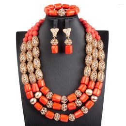 Necklace Earrings Set Coral Beads African Wedding Jewelry Women Nigeria Bride Party Gift Dubai Golden Accessories