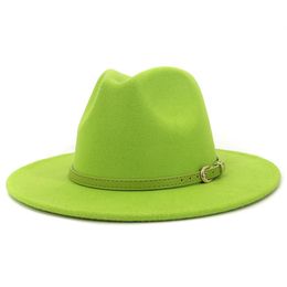 Fashion Lime Green Belt Buckle Decor Artificial Wool Felt Jazz Fedora Hats Women Men Flat Large Brim Panama Cowboy Cap L XL294j