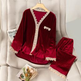 Women's Sleepwear Velvet 2PCS Pajamas Set Women Autumn Winter Nightwear Casual Sleep Loose Soft Bathrobe Long Sleeve Shirt&pant