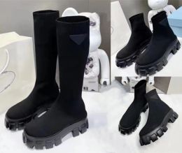 New Cuff Rib Socks Low Heel High Boots Stretch Knit Black Leather Biker Over The Knee Boots Fashion Women Luxury Designer Factory Shoes