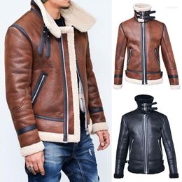 Men's Fur 2023 Winter Sheepskin Jacket Coat Slim Faux Leather Motorcycle PU Long-sleeve Outerwear Coats