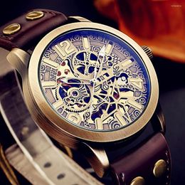 Wristwatches Shenhua Style Hollow Out Men's Retro Bronze Steampunk Automatic Skeleton Leather Sport Mechanical Wrist Watch3385