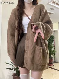 Women's Knits Tees Cardigan Women Loose Simple Outwear Autumn Warm Knitting Design Pockets Leisure Korean Style All-match Stylish Tender Students 230925