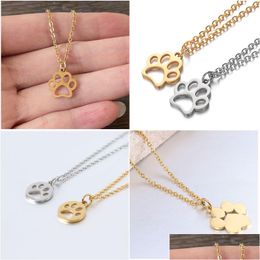 Pendant Necklaces Wholesale Stainless Steel Cat Dog Paw Print Necklace Fashion Chain For Women Girls Animal Jewellery Collar New Drop De Dhocx