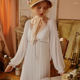 Women's Sleepwear Sexy Spring Mesh Night Dress Women Sweet V Neck Full Sleeve Nightdress Modal Bow Long Nightgown Princess Nightwear