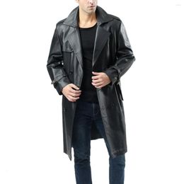 Men's Fur Autumn Winter PU Leather Jacket Mens Belt Windbreaker Casual Lapel Windproof Male Clothes Classic Knee-length Mid-length Coats