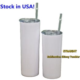 USA Stocks Sublimation 15oz STRAIGHT Skinny Tumblers with Plastic Lid Straw Stainless Steel Double Wall Insulated Vacuum Blanks W250r