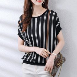 Women's T Shirts Korean Fashion Women Knitted Striped T-shirt Summer Female Clothing Tees Big Size Basic Pullover Casual Loose Short Sleeve