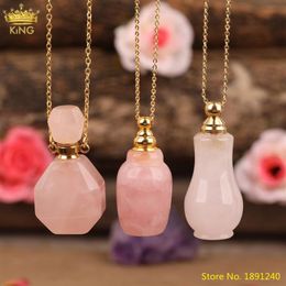 Unique Roses Quartz Stone Perfume Bottle Gold Chains Necklace For Women Pink Crystal Diffuser Vial Summer Boho Jewelry Whole P229M