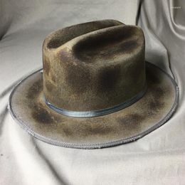 Berets Burned Handmade Rancher Hat For Men Women Vintage Fedora Firm Outback Felt Classic Wide Brim Distressed Open Road