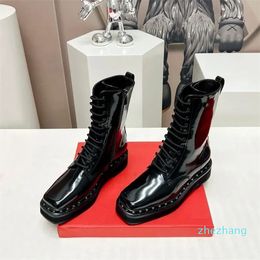 2023 Latest Women's Short Boots Matte Leather Face Shiny Leather Lace up Decoration Formal Casual Banquet Work Matching Size 35-42