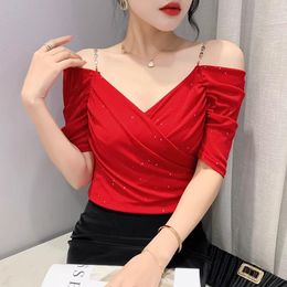 Women's T Shirts Summer Pleated Mesh Stitching Short-Sleeved T-Shirt Camis Tees Sexy Off The Shoulder V-Neck Top