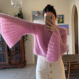 Womens Sweaters Women Pink Knitted Sweater Long Flare Sleeve Round Neck Handmade sweater 230925