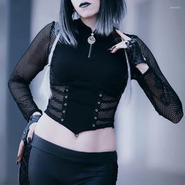 Women's T Shirts Goth Dark Fishnet Patchwork Mall Gothic Sheer Blouses Grunge Aesthetic Sexy Zip Women T-shirts Punk Long Sleeve Bodycon