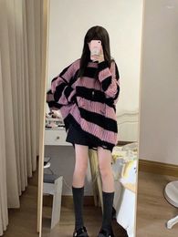 Women's Sweaters Pink Stripe Knitted Sweater Women Tops O-Neck Autumn Broken Hole Hollow Loose Pullover Retro Lazy Style Mid Length Crochet