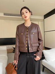 Women's Leather Turkey Imported Genuine Goat Skin For Women Short Round Neck Casual Jacket Coat 2023 Autumn Loose