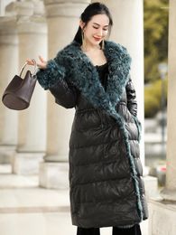 Women's Leather Winter Jacket Real Coat Women Wool Fur Collar Long Down Sheepskin Manteau Femme MY4439