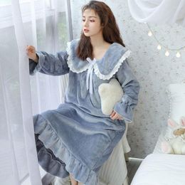 Women's Sleepwear Facecloth Nightgown Autumn Winter Thickened Coral Velvet Pyjamas Long-sleeved Cute Princess Wind Large Size Home Wear