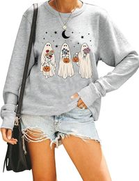 Halloween Ghost Sweatshirt Women Funny Pumpkin Shirts Spooky Season Graphic Pullover Hocus Pocus Long Sleeve Tops Halloween Sweatshirt