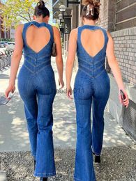 Women's Jumpsuits Rompers Weird Puss Denim Elegant Jumpsuit Women Zipper Heart Backless High Waist Straight-Leg Streetwear Trend Skinny Workout Overalls L230926