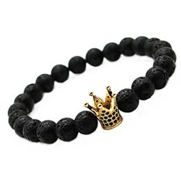 Micro Pave Black CZ Zirconia Gold Plated Crown Beaded Strands Bracelet Jewellery Dull Polish Matte Stone Bead Bracelets For Men2775