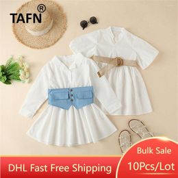 Girl Dresses 10Pcs Bulk Wholesale Girls Shirt Casual Solid Colour Turndown Collar Long Sleeve Dress Fashion Belt One Piece Skirts M592