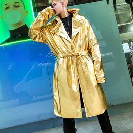 Men's Trench Coats Mens Shiny Gold Coat Nightclub DJ Dancer Stage Performance Glossy Windbreaker Hip Hop Harajuku Streetwear Capote Masculin 230925