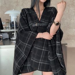 Women's Wool Women Plaid Cape Woolen Blended Coat Femme Poncho Jackets 2023 Streetwear V-Neck Mid-Length Shawl Warm Cloak Female Overcoat