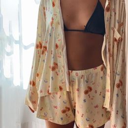 Women's Sleepwear Gaono Women 2 Piece Floral Fruit Print Pajamas Set Y2k Long Sleeve Button Down Shirt Side Split Shorts