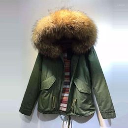 Women's Fur Fashion Women/ Men Winter Wear Pure Cotton Lined Raccoon Collar Army Green Parka Jacket