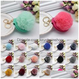 Key Rings Pu Round Mirror Keyring Fashion Double-Sided Folding Keychain Faux Fur Puff Ball Holder Pom Drop Delivery Jewellery Dh4Jq