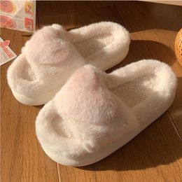 Slippers Cute Love Heart Fluffy Fur Thick Platform Home Women Slippers Winter Warm Plush Foam Slides Woman Flip Flops Indoor House Shoes 230926
